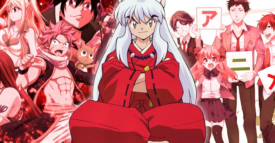 Разные аниме, в центре девушка сидит в красном кимоно