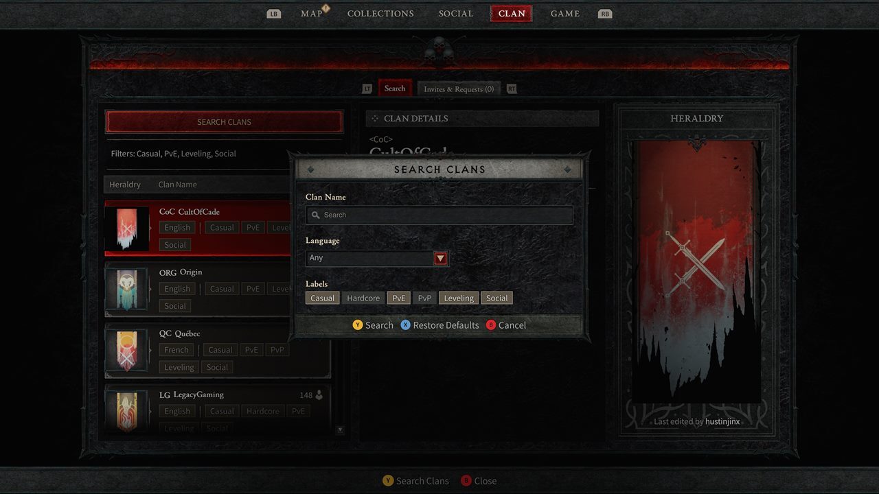 Выберите типы кланов, которые будут отображаться в списке, в зависимости от языка и ярлыков Diablo 4