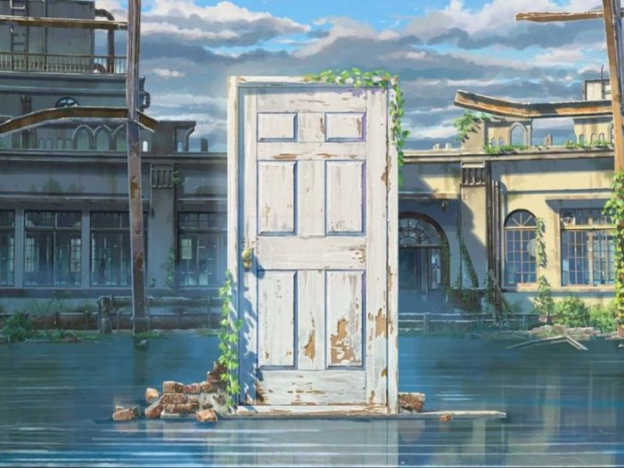 Аниме картинка Судзумэ, закрывающая двери (7)