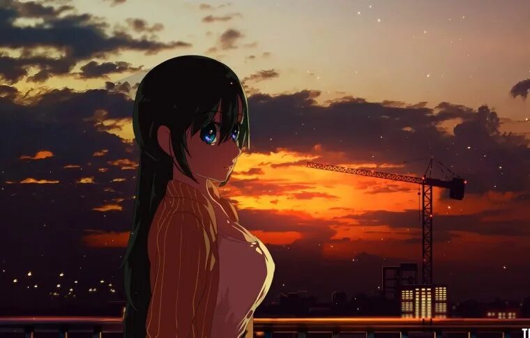 Девушка на фоне заката в аниме (картинки)