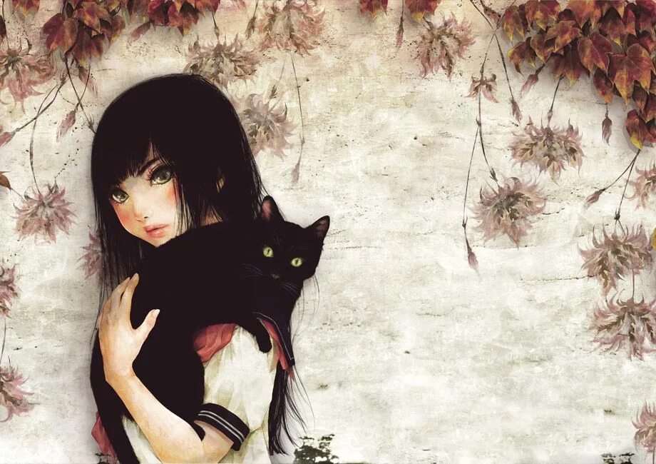 Аниме девушка с черным котом 1