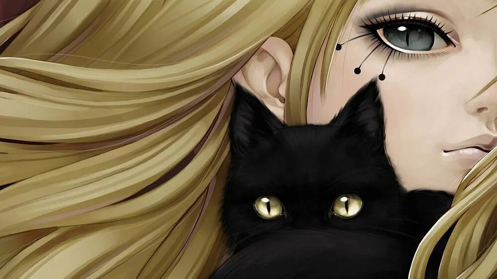 Аниме девушка с черным котом 10