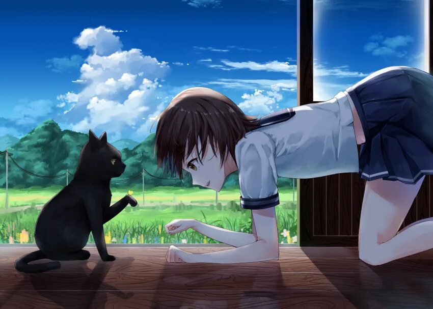Аниме девушка с черным котом 11