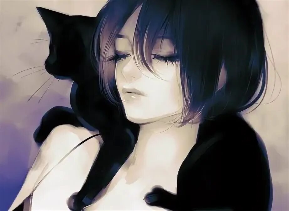 Аниме девушка с черным котом 3