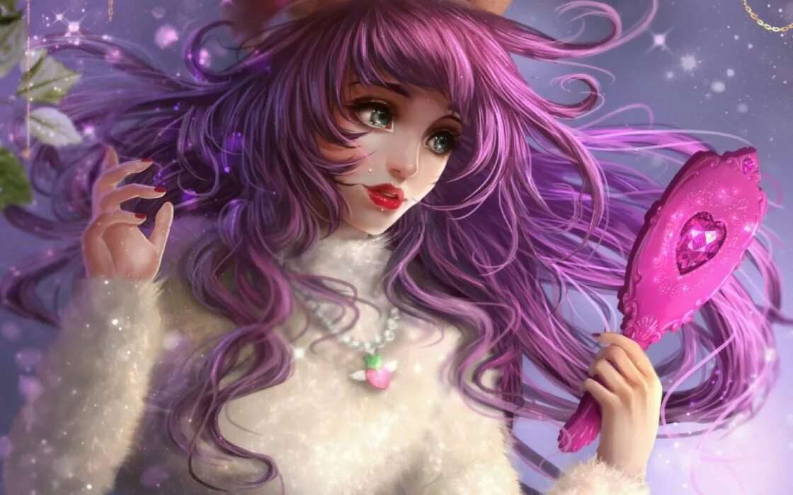 Аниме девушка с розово фиолетовыми волосами 17